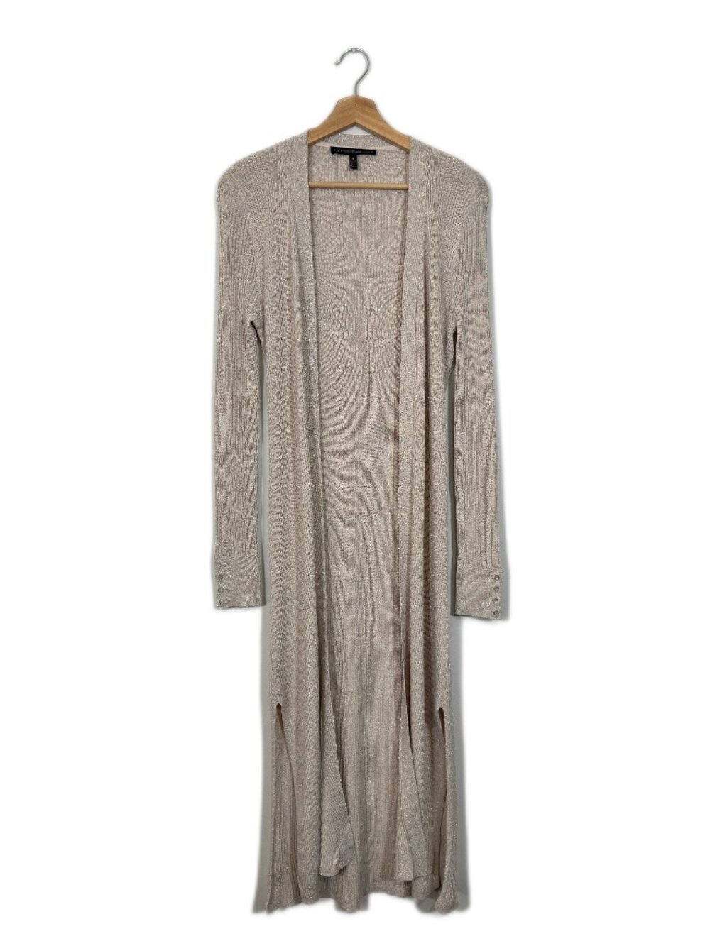 WHBM Women's Metallic Duster Cardigan Long Medium Taupe Quiet Luxury Layering